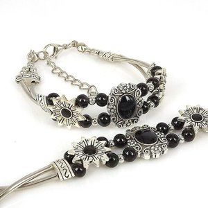 Classical Beaded Black Bangle Bracelet Retro Vintage Style Women Wrist Jewel